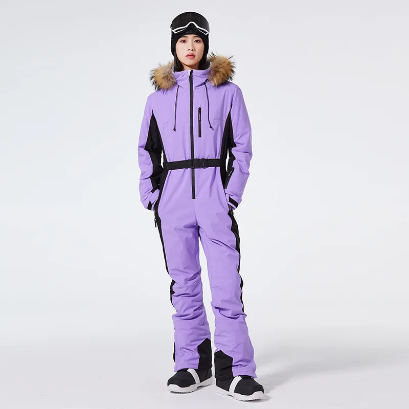 

Women's Slim-Fit Winter Outdoor Gear Windproof Waterproof One-Piece Ski Suit Zipper Closure Hooded Collar Including Ski Pants