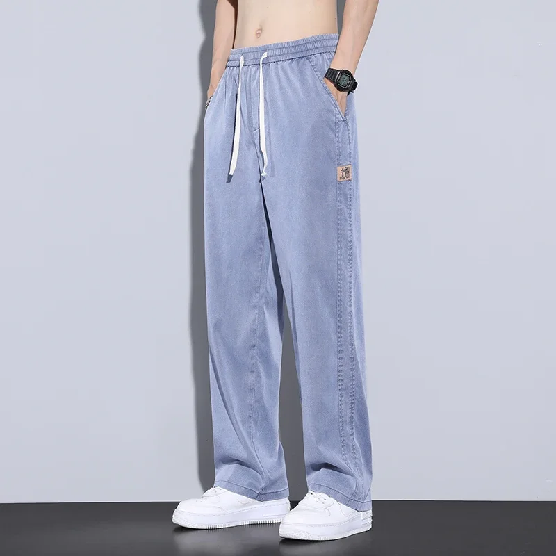 Summer Lyocell Fabric Men's Thin Soft Jeans Baggy Straight Wide Leg Pants Elastic Waist Drawstring Fashion Casual Male Trousers