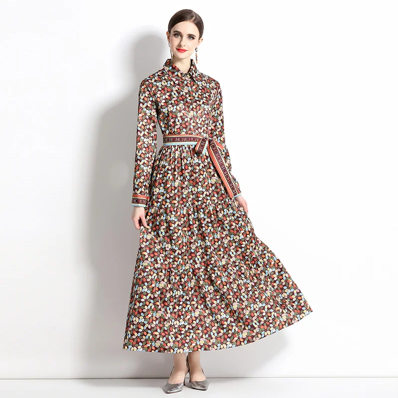2024 Autumn New Women\'s European and American Versatile Waist and Slimming Letter Positioning Printed Dress A-line Long Dress