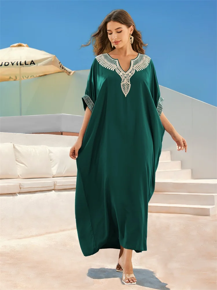 Vintage Chic Embroidered Robe V Neck Lantern Sleeve Kaftan 2024 New Green Long Dress Beach Swimwear Coverup Cozy Homewear Outfit