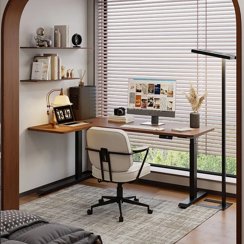 

Corner Solid Wood Electric Lifting Table Corner Desk Writing Desk Black Walnut Smart