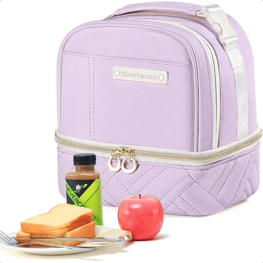 

Double Deck Lunch Box Bag Women Vegan Leather Insulated Waterproof Leakproof Cooler for Work Travel Picnics Teacher Mothers Day