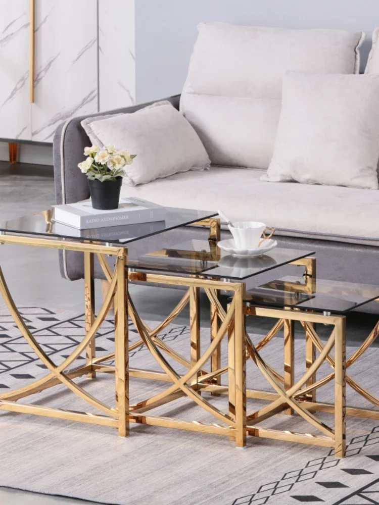 3 Pieces Gold Square Nesting Glass End Tables Small Coffee Tables with Tempered Glass- 18