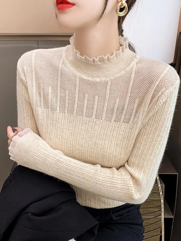 

Осень-зима, кружевной вязаный свитер с рюшами и воротником, женский винтажный базовый однотонный корейский повседневный тонкий пуловер, свитер, базовый слой, топы