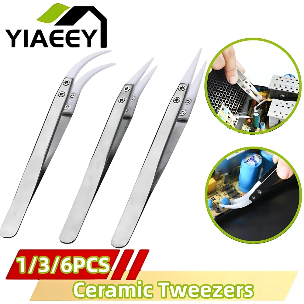 YIAEEY Anti-static Ceramic Stainless Steel Tweezers Maintenance Industrial Precision Curved Straight Tweezers Repair Tools