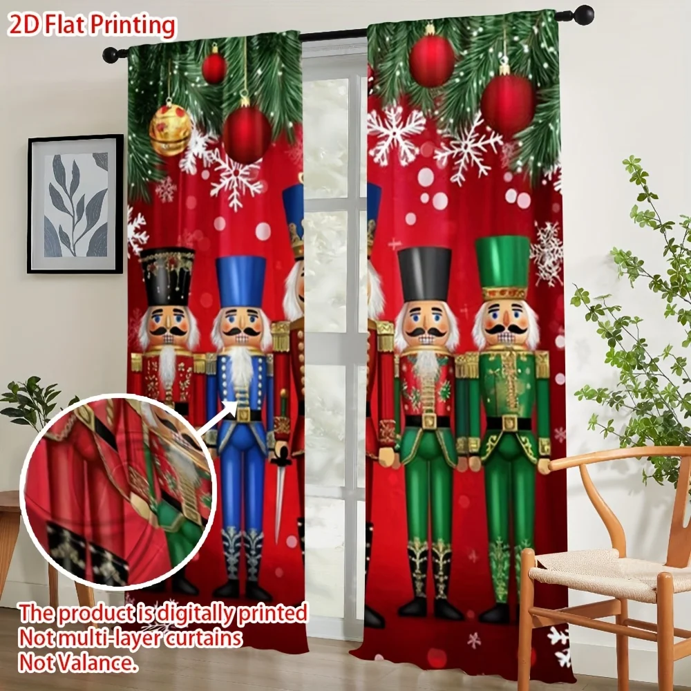 2pcs Nutcracker Christmas Curtains Red Green, Semi-Sheer Lightweight Polyester with Rod Pocket for Living Room Bedroom Decor
