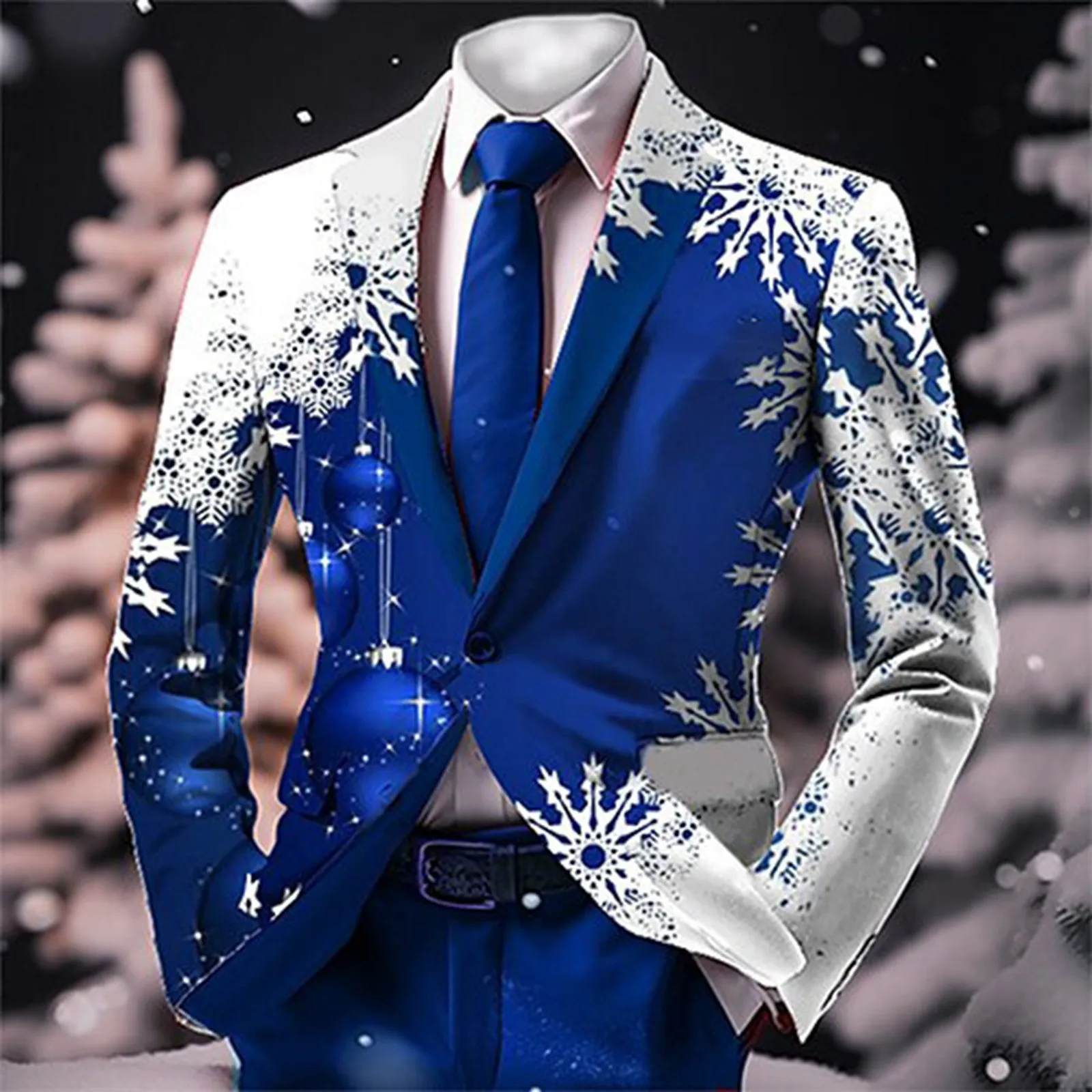 Snowflake Print Men Christmas Blazers Single Breasted Business Casual Slim Fit Suit Jacket Outdoor Party Christmas Suit Men