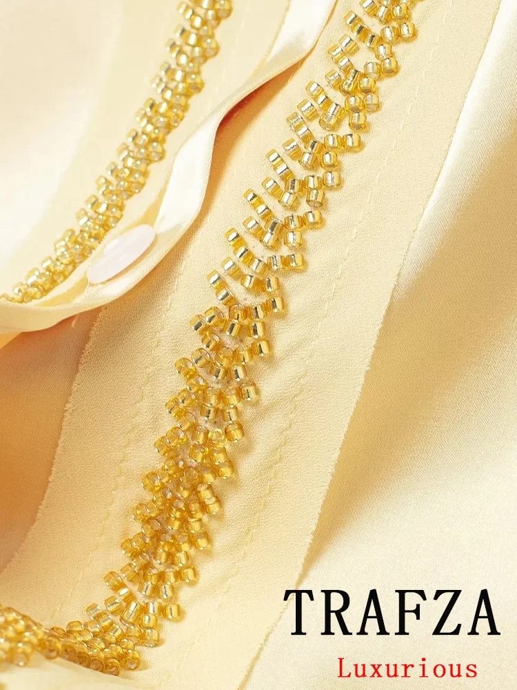TRAFZA Vintage Casual Chic Women Suit Beading Single Breasted Long Sleeve Blouse Loose Long Pants Fashion 2024 Summer Sets
