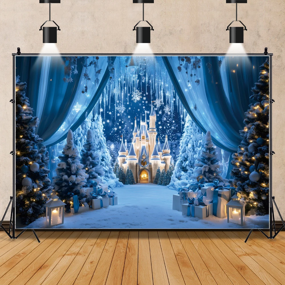 Winter Castle Background Christmas Gift Snowy Xmas Tree Princess Palace Birthday Party Photography Backdrop Photo Studio Props