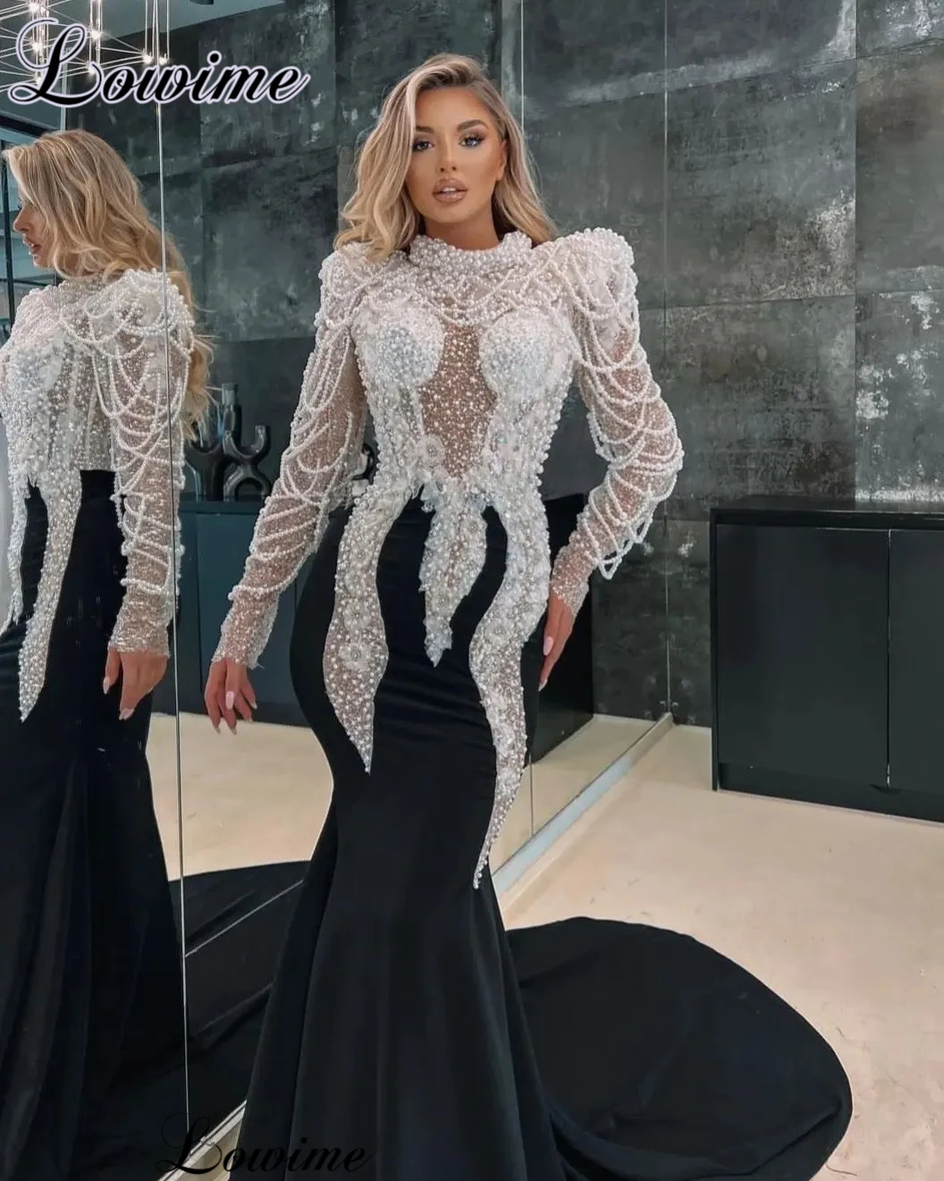 2024 New Fashion Black And White Evening Dresses Mermaid Pearls High Neck Celebrity Dresses With Long Sleeves Vestidos De Fiesta