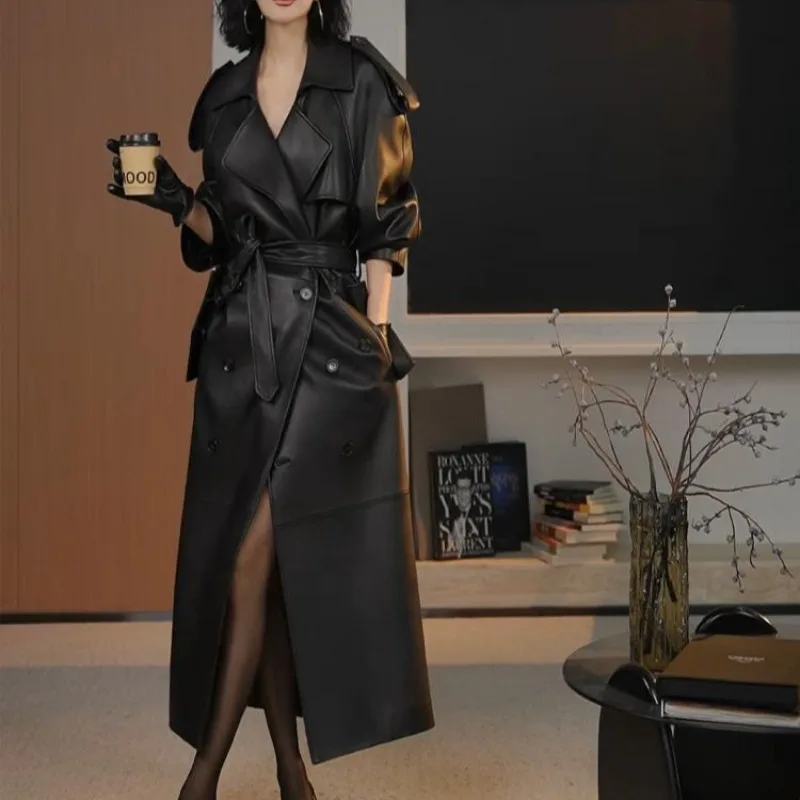 

Женское пальто из натуральной кожи, длинное, из овчины, кожаное пальто-тренч