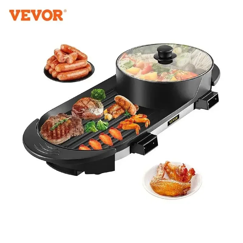 

VEVOR Electric BBQ Pan 2 in 1 Grill Hot Pot Portable Smokeless Durable Material Fast Even Heated for Shellfish Vegetables Home