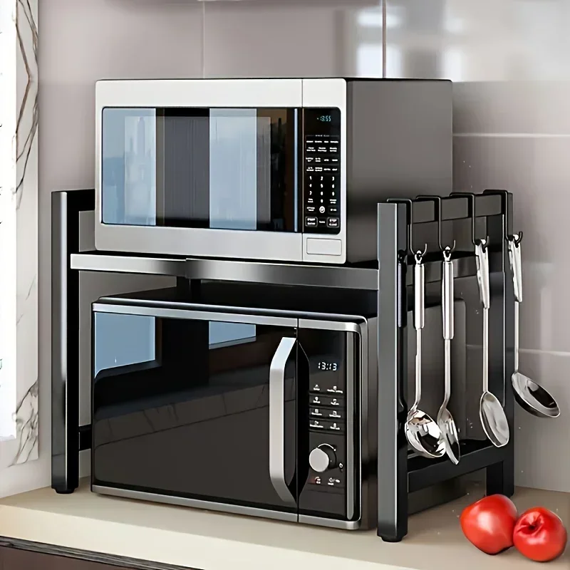2 Tier Metal Kitchen Shelf Organizer Heavy Duty Countertop Microwave Oven Stand Rack Storage with Hooks for Kitchen Utensils