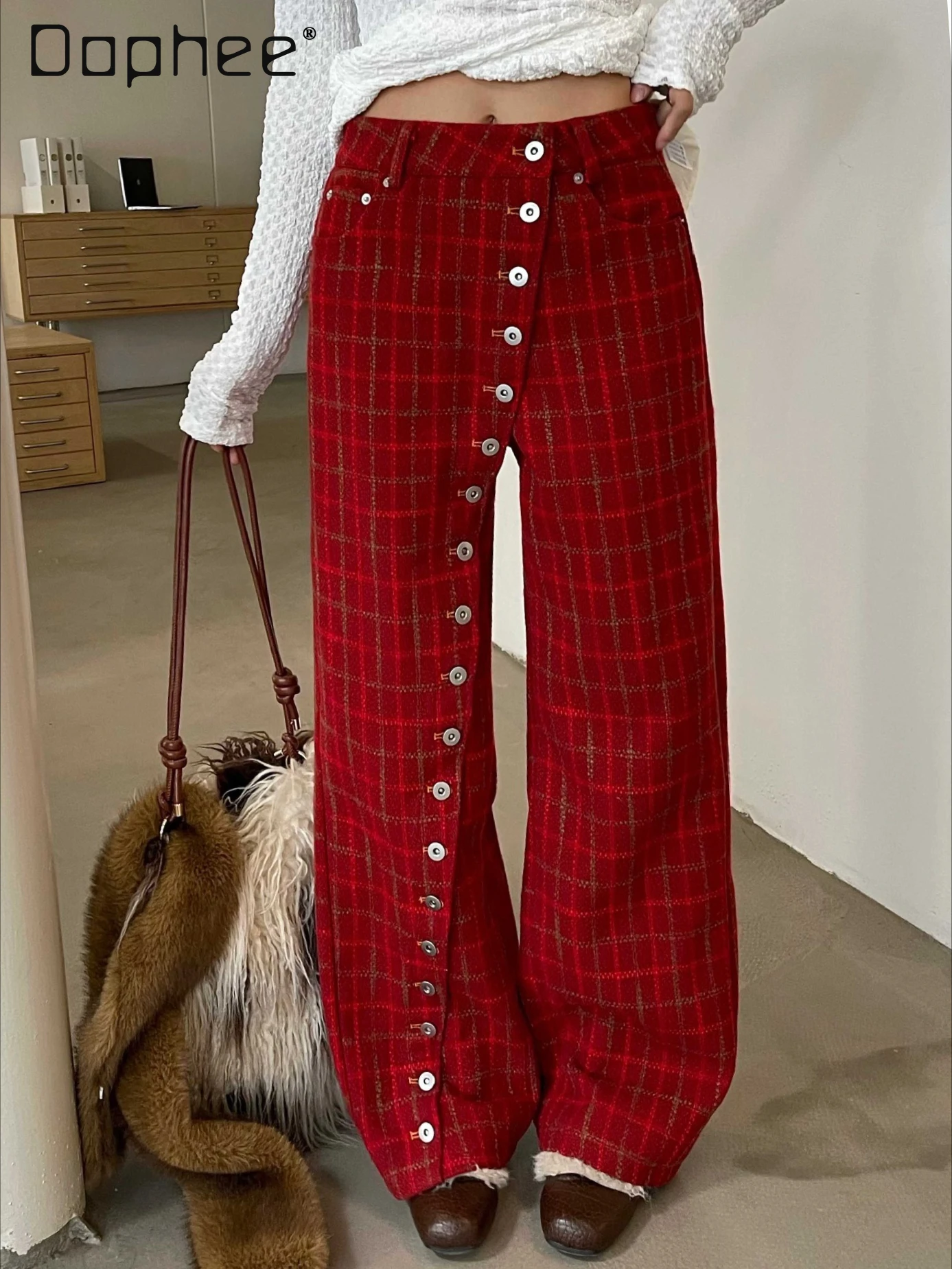 

Korean Style Chic Personality Red Plaid Straight Pants Trendy Drawstring Color-Block Casual Wide-Leg Pants Women Spring New