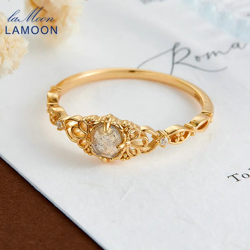 

LAMOON винтажное роскошное кольцо с натуральным лабрадоритом и драгоценным камнем для женщин, элегантное изысканное серебро 925 пробы, позолоченное ювелирное изделие