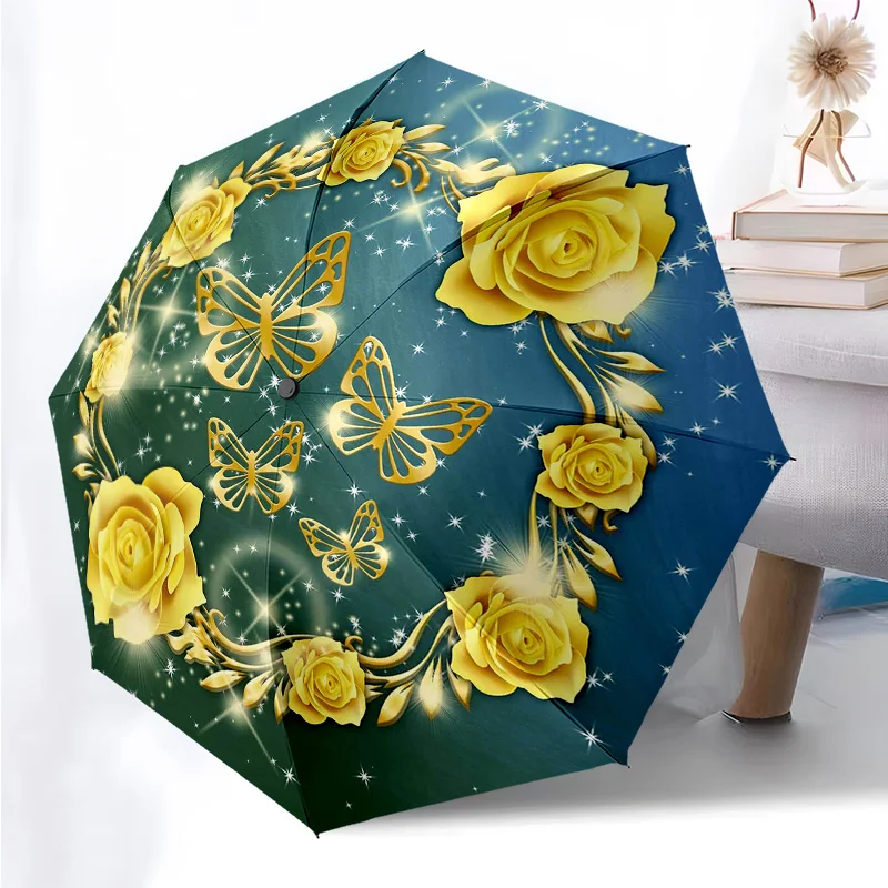 

Складной зонт с золотым узором бабочки, модный, с автоматическим открытием, 8, железные ребра, пластиковая ручка, складной солнцезащитный козырек, идеальные рождественские подарки