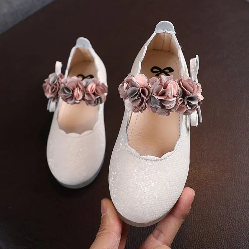 Baby Girls Princess Shoes With Big Flower Lace Autumn Non-slip PU Shoes Student Girl Shoes Soft Sole Leather Flats for Kids