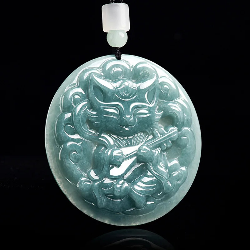 

Genuine natural jade blue water carving fox fairy nine-tailed fox pendant jadeite necklace pendant fashion ladies amulet gift