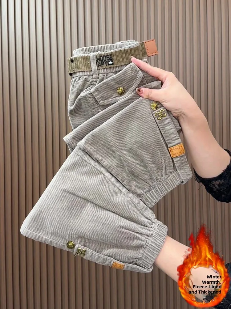 

Модные женские повседневные брюки в стиле Харадзюку, бархатные свободные брюки с эластичной резинкой на талии, утягивающие, укороченные, универсальные, с высокой талией