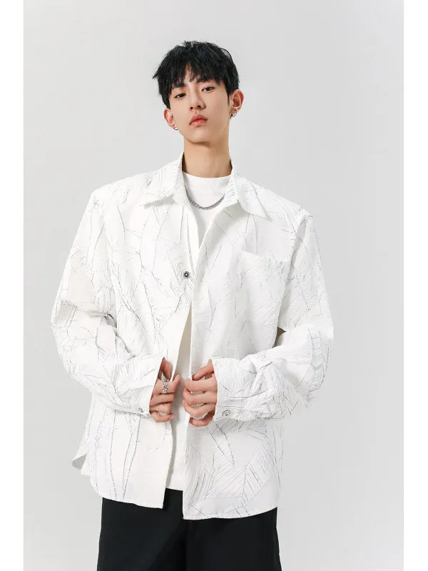 

TANGZ Studio Men's Loose Fit Floral Shirt Shoulder Pads Crack Pattern Spring Casual Style Long Sleeve Polyester Fiber