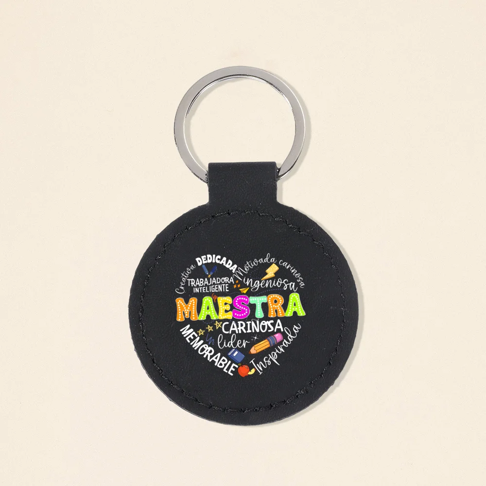 MAESRA Print Key Chain Custom Leather Keychain Keyring Car Key Bags Jewelry Accessories Spanish Teachers Day Best Gifts