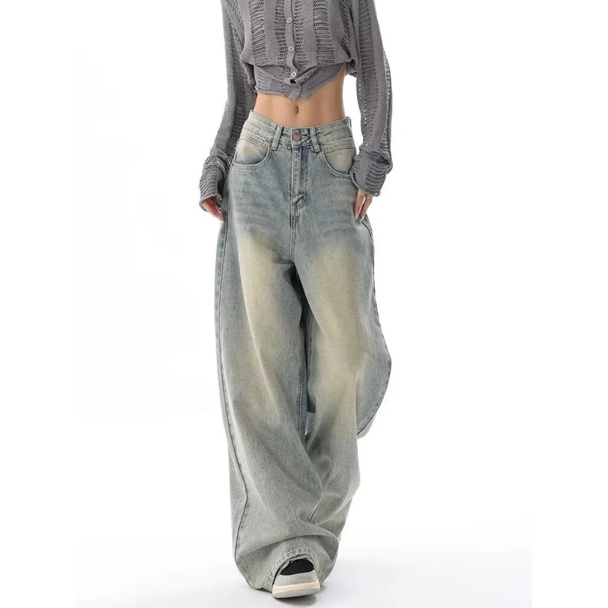 Washed Pants, High Street Retro Distressed Jeans, Girls' Straight Leg Loose And High-end Distressed Jeans