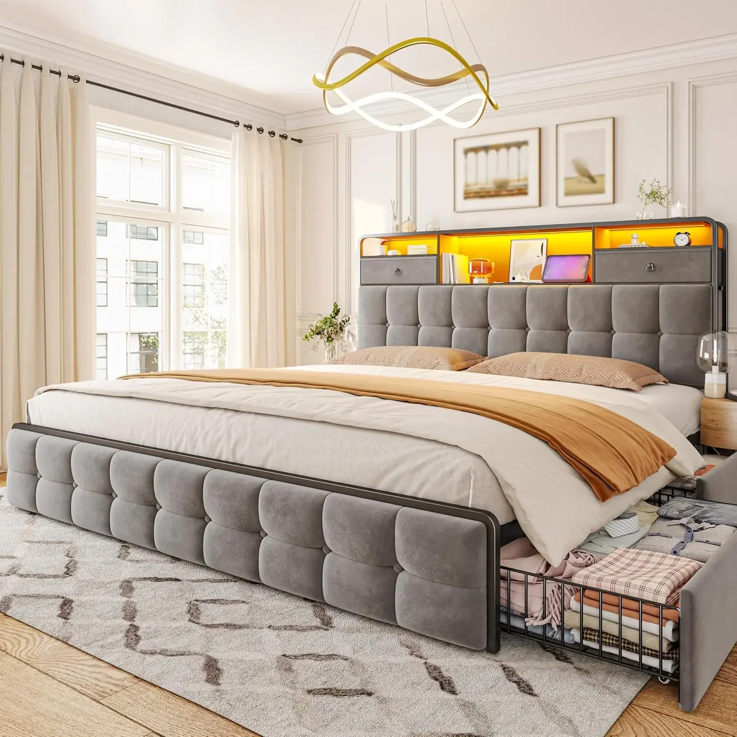 EnHomee King Size Bed Frame with 6 Storage Drawers and Upholstered Headboard,King Bed Frame with LED Lights and Charging Station