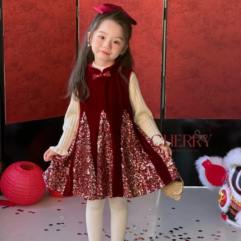 

【Le'en Children's Clothing】Girls' Winter New Chinese New Year Velvet Sequined Fishtail Dress Festive Dress Red