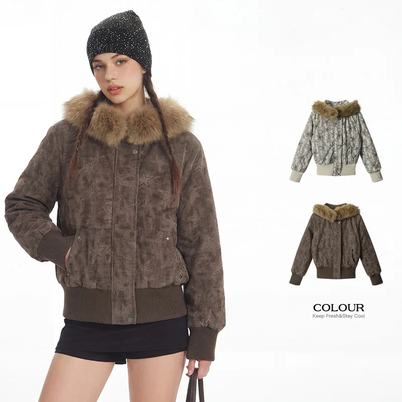 Women's Star Pattern Padded Jacket Faux Fur Collar Winter  Slim Fit Outerwear Vintage Streetwear Trendy Soft Cozy Female Coats