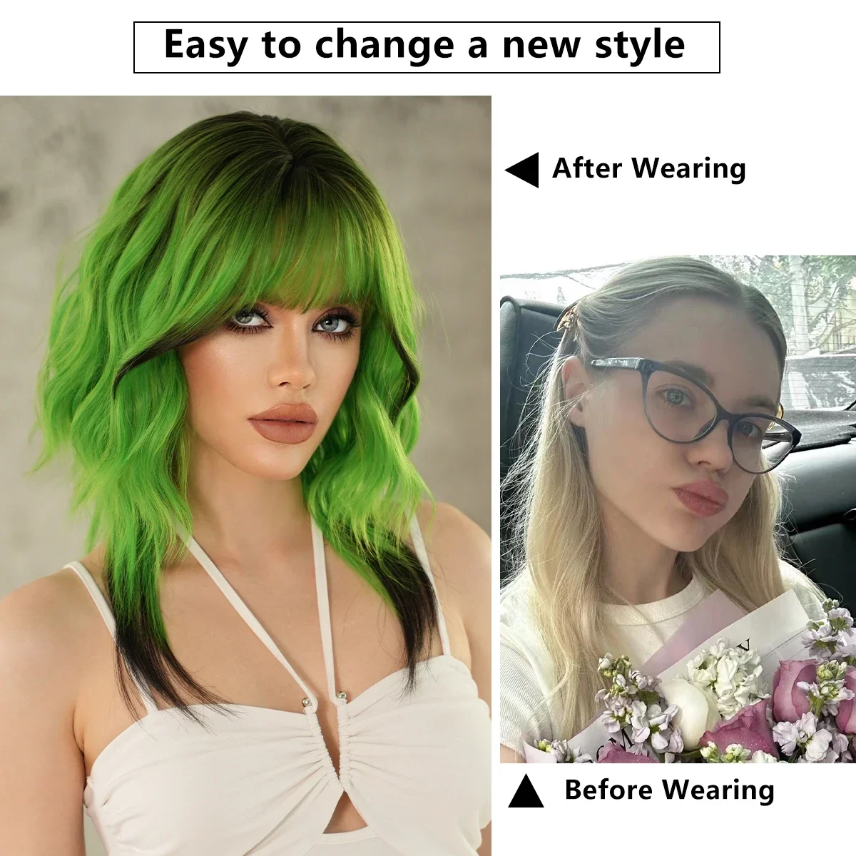 NAMM Synthetic Long Wavy Green Wigs for Women Daily Use Dark Roots Tail dyeing High Density Heat Resistant Hair Wigs With Bangs