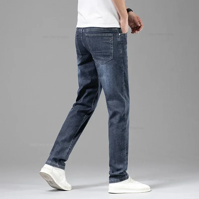البوب موضة الدخان الرمادي رقيقة الرجال مستقيم الجينز الصيف الأعمال لينة عادية الدينيم السراويل القطن مطاطا الذكور العلامة التجارية بنطلون