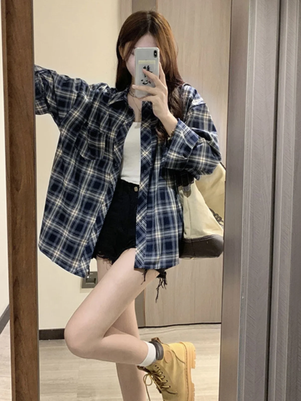 Retro American Plaid irt Jaet Women's Loose Casual Versatile Long Sve  Collar Top for Autumn New Arrival