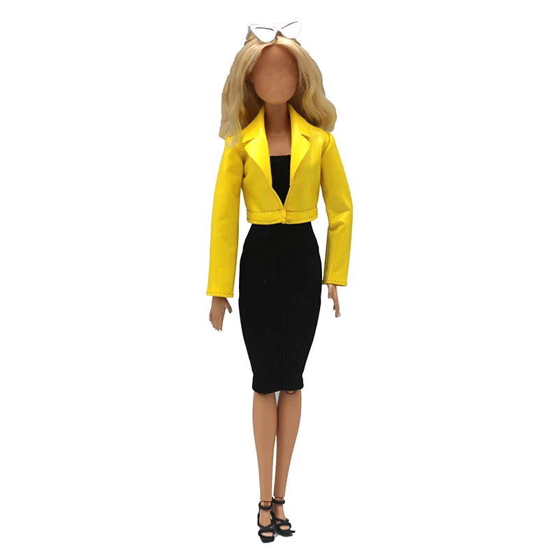 6 Points Doll Yellow Leather Jacket Doll Clothes Plush Jacket Fashionable Suit Skirt Beret Hat Suitable For 11.8inch Doll Casual