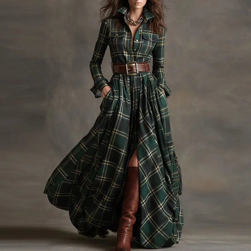 New 2025 Autumn Long Sleeved Plaid Printed Dress Fashion Women's Lapel Pocket Commuting Dress Elegant Loose Pleated Maxi Dresses