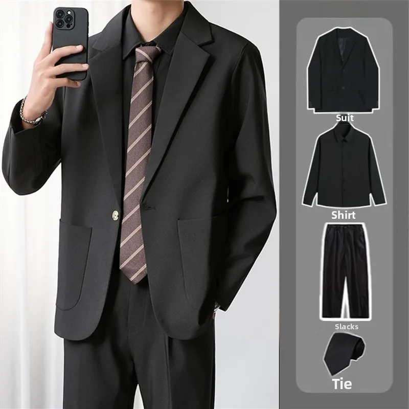 

Busin Casual Men's Bla Suit Set Student Interview Formal Dr Spring Autumn Lightweight Maturi Sle Long Sve Sing...
