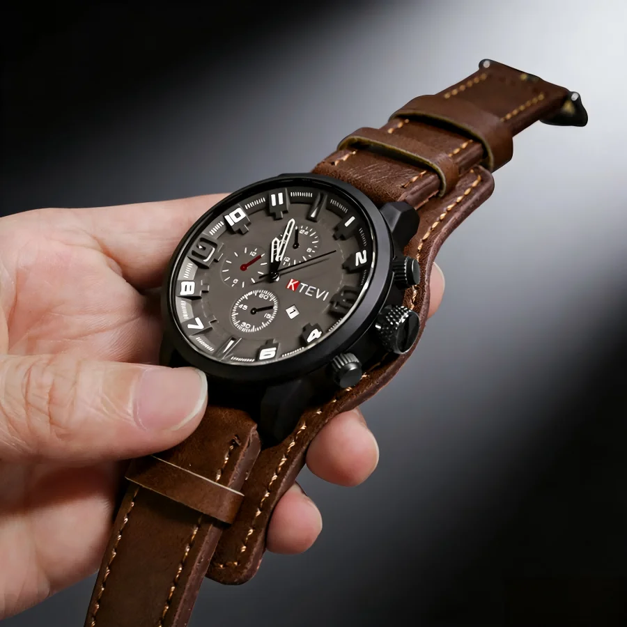 

Винтажные мужские часы с кожаным ремешком, спортивные кварцевые мужские часы, модные деловые электронные наручные часы с большим циферблатом и датой, часы для мужчин