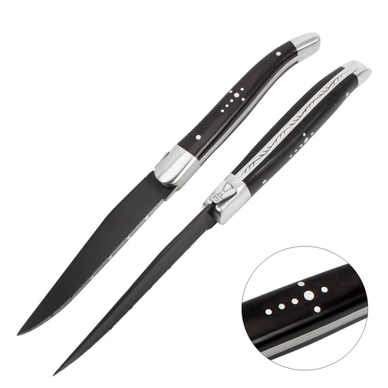 

Laguiole Steak Knife Set Stainless Steel Black-Colored Wood Polished Handles Double Steel Head Cross Nail Steak Knives 2/6/10Pcs