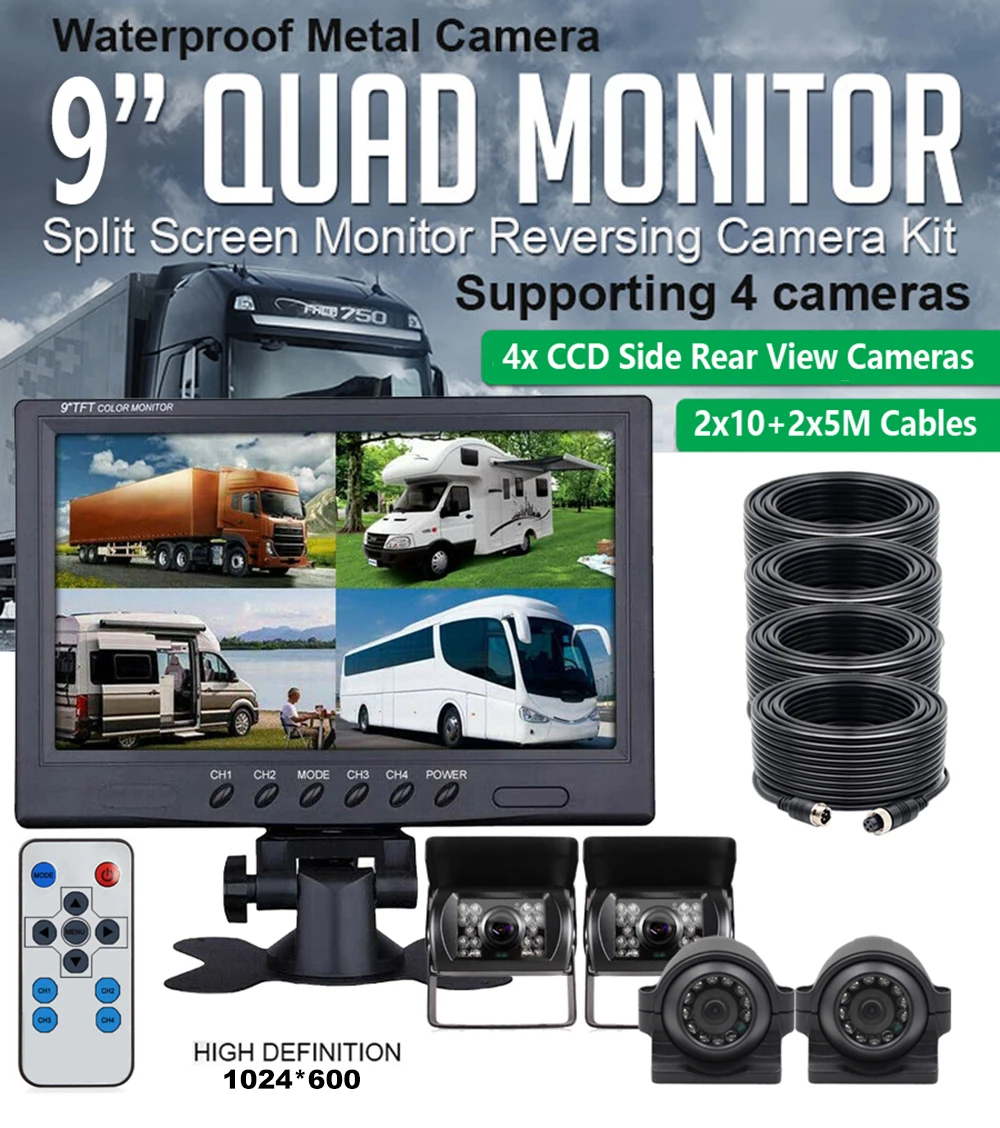 iPoster 9 Inch IPS Screen Split Screen Car Monitor 2x Side View + 2x Rear View Reversing Cameras 2x 5m+2x 10m 12-24v For Truck Bus Tractor Semi Truck Rv Caravan