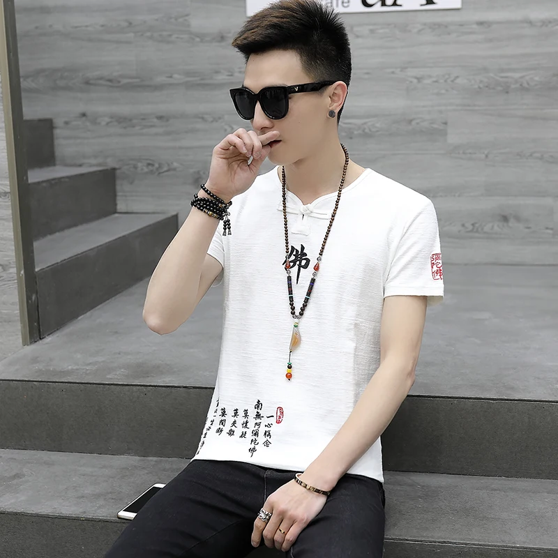 تي شيرت رجالي بأكمام قصيرة مطرز بكلمة بوذا من الكتان موضة الصيف مقاس كبير عصري اجتماعي للأولاد برقبة دائرية من القطن للشباب #4