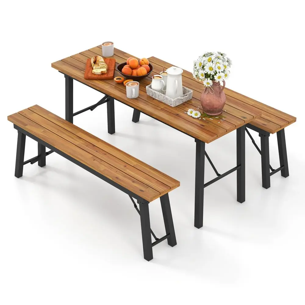 

Folding Picnic Table Bench Set, Acacia Wood Dining Table Bench w Metal Frame, Portable Camping BBQ Table Bench, Rectangular Din