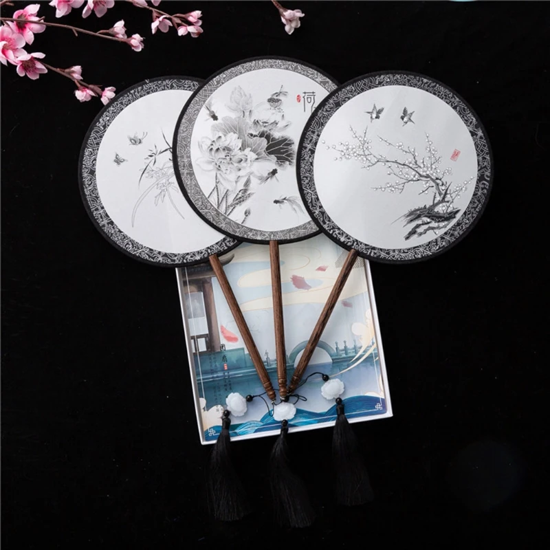 Chinese Antique Handheld Round Circular Fan Retro Blue and White Porcelain Lotus Floral Print Dancing Hand Dropship