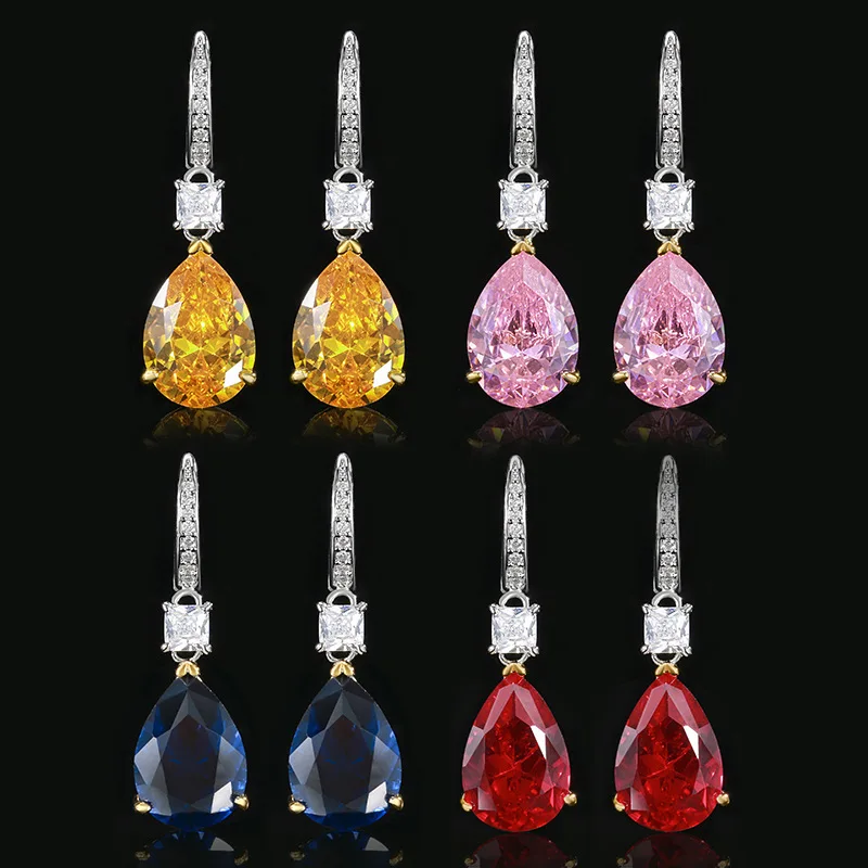 Pear‑Shaped Drop Dangle Earrings Multi‑Color Cubic Zirconia Princess Cut Hook Earrings Women Wedding Banquet Costume Jewelry