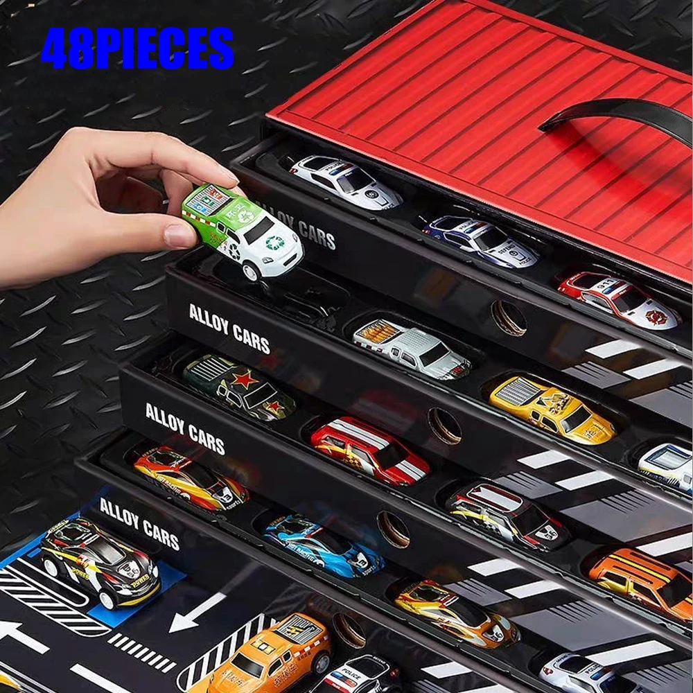 48Pieces Large Container Storage Toys Children Pull Back Cars Inertia Toys Alloy Car Metal Vehicle Model Birthday Gift for Kids