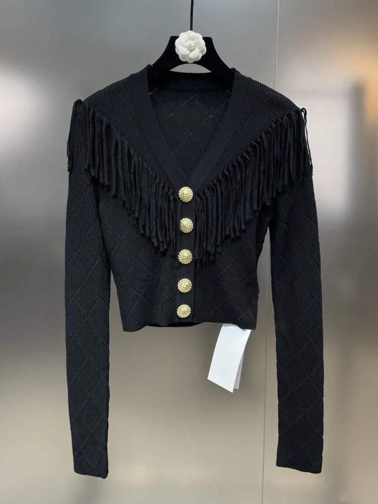 2024 Spring Cardigan For Women New Classic Style V-Neck Tassel Design High-End Long-Sleeved Sweater Cardigan Feminino