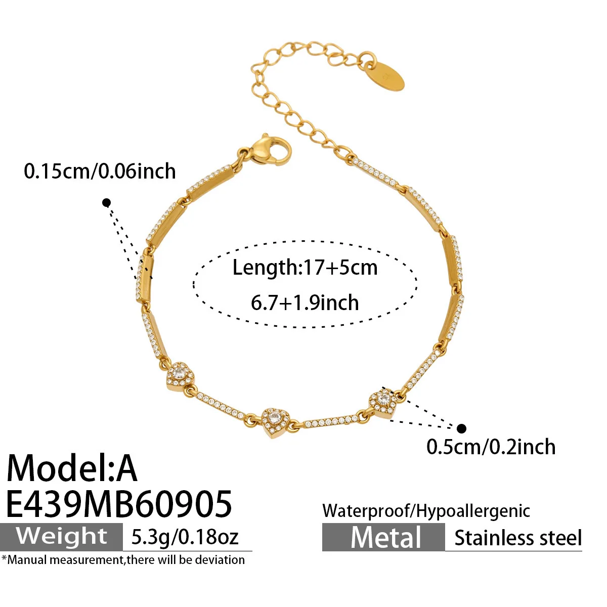 Funkelndes CZ-Armband, Edelstahl-Kettenarmband, quadratisches Herz-Tropfen-Zirkon-Armband, 18k vergoldete Armbänder für Damen – Detail 6