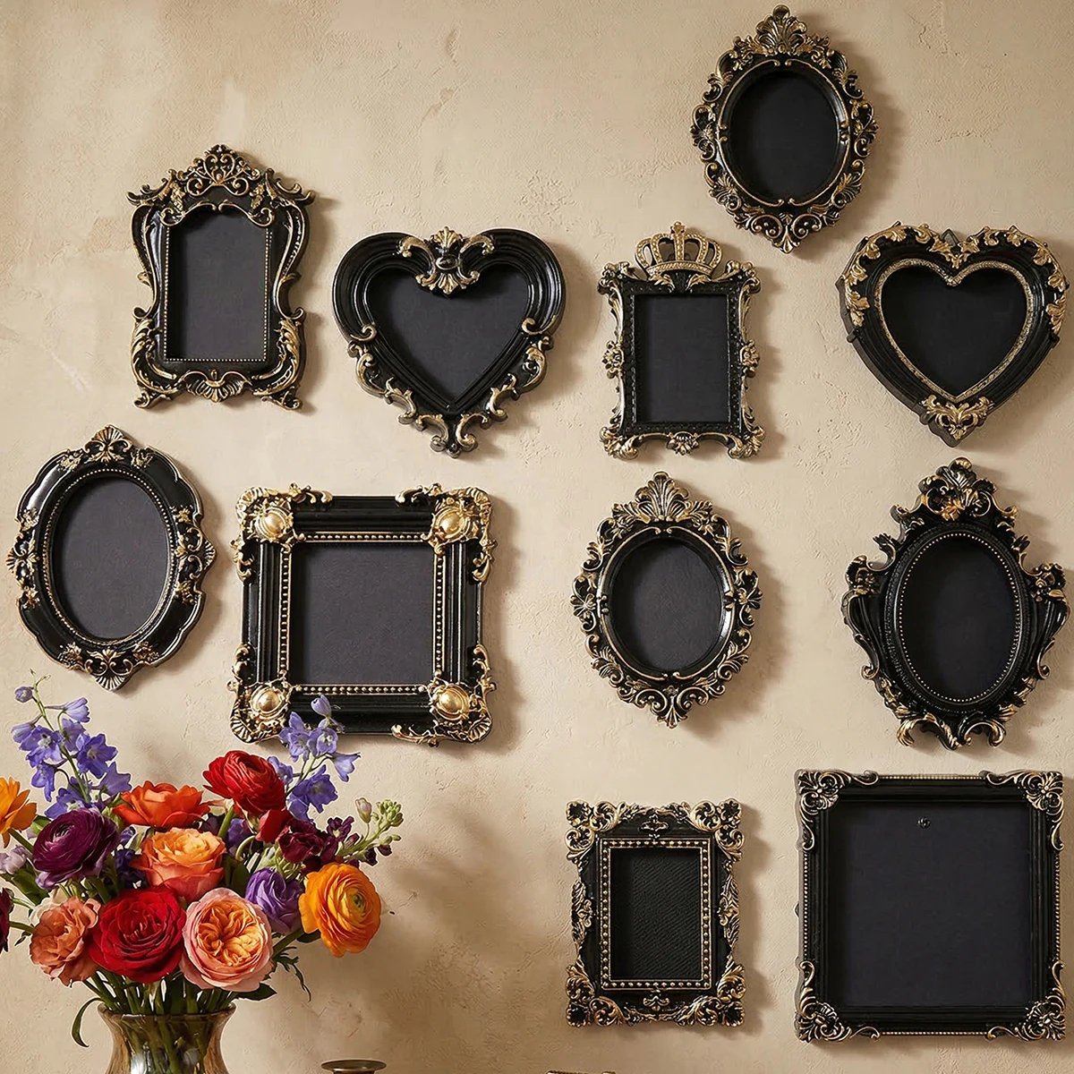 1PC, European-style Three-dimensional Pattern Decorative Pendant, Black Lacquered Resin Material DIY Wall Decoration Frame