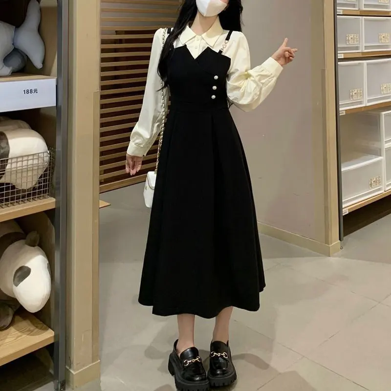 Fake Two Pieces Patchwork Midi Dress Spring Autumn Elegant A-Line Waist Female Clothing Turn-down Collar Fashion Button Dresses