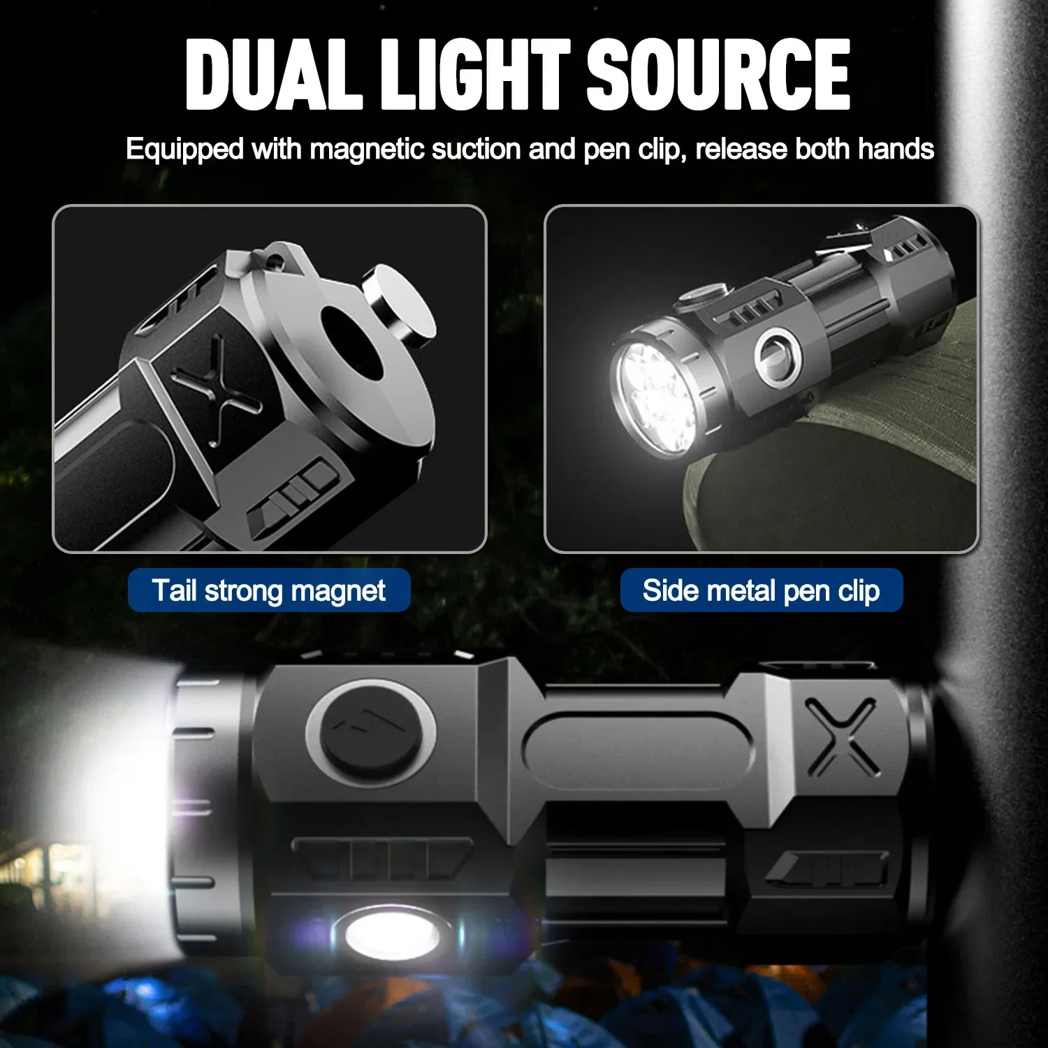 High Power 4/6/8*P35 LED Flashlight USB Rechargeable Flashlights Mini Torch with Tail Magnet Waterproof Work Light