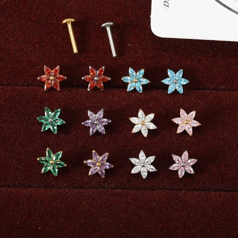 20pcs Multi‑Style Flower Cherry  CZ ASTM F136 Titanium Piercing Stud Internally Threaded Labret for Helix Tragus Conch Cartilag