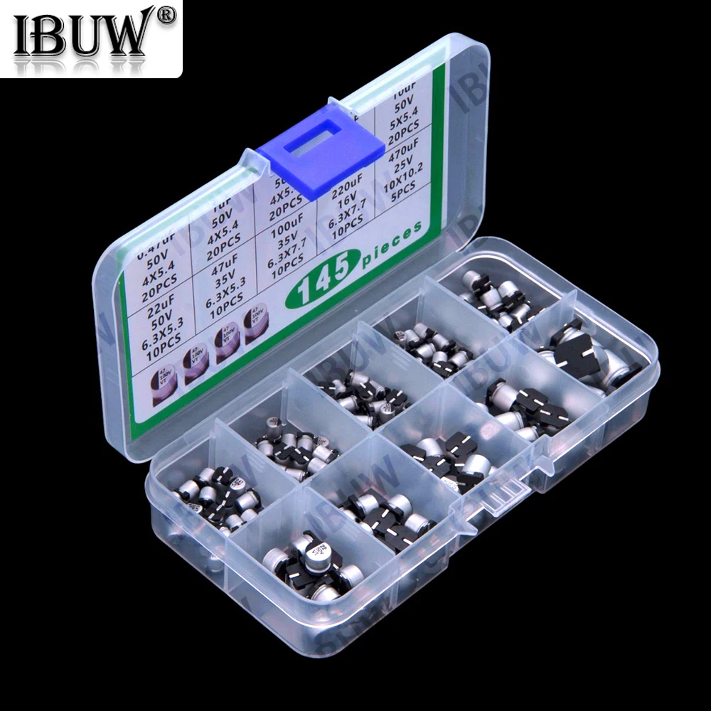 10Values 0.47UF-22UF 0.47UF 1UF 2.2UF 145PCS SMD Aluminum Electrolytic Capacitor Kit 4.7UF 10UF 50V